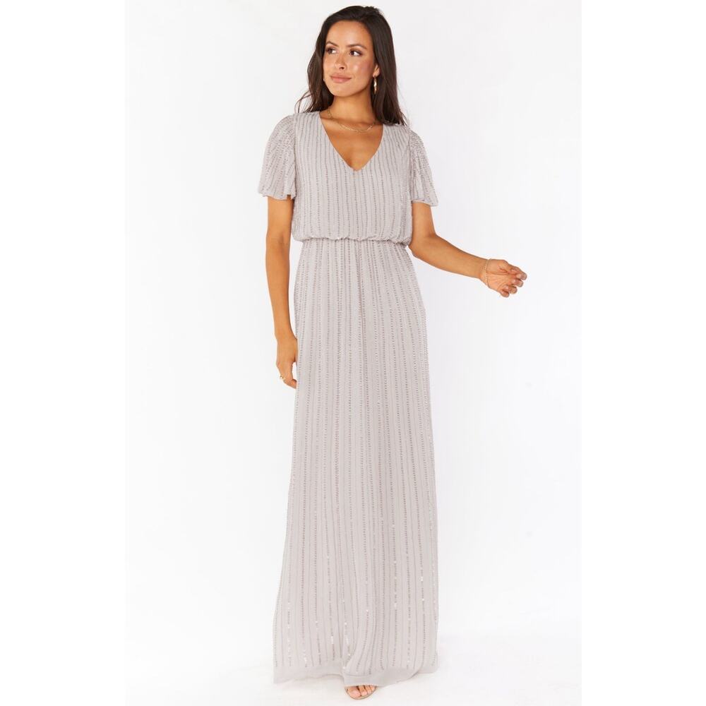 Show Me Your MuMu Michelle Flutter Maxi Dress Dove Grey Beaded Sz XXS, Wedding